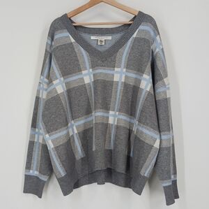 Max Studio Plaid V Neck Sweater